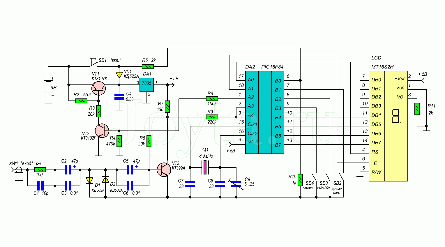 Частотомер на pic16f628a и lcd индикаторе 1602 схема