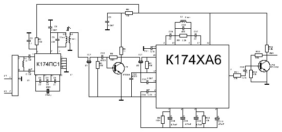 Схема приемника на 1. УКВ приёмник на к174ха10. Микросхема к174ха6 схема включения. Приемник 27 МГЦ 174ха6.